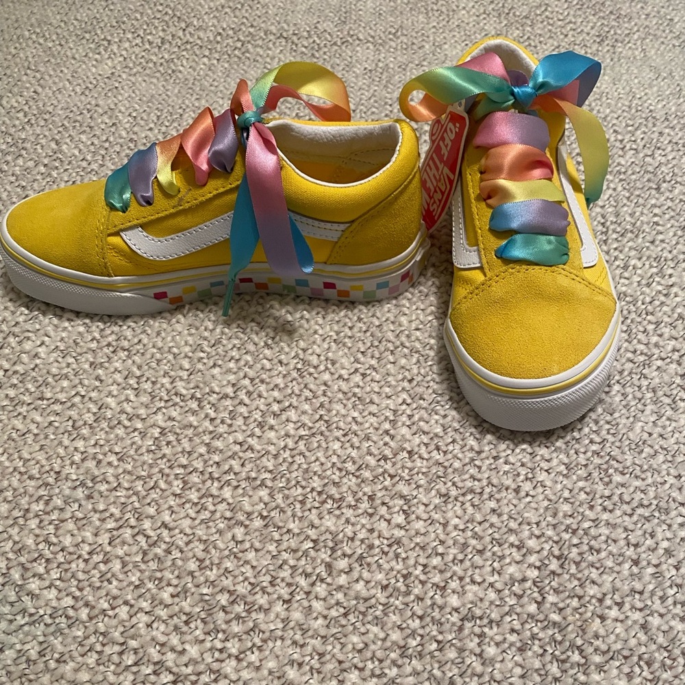 Yellow classic Vans, size 13, rainbow shoe strings, extra white shoe strings